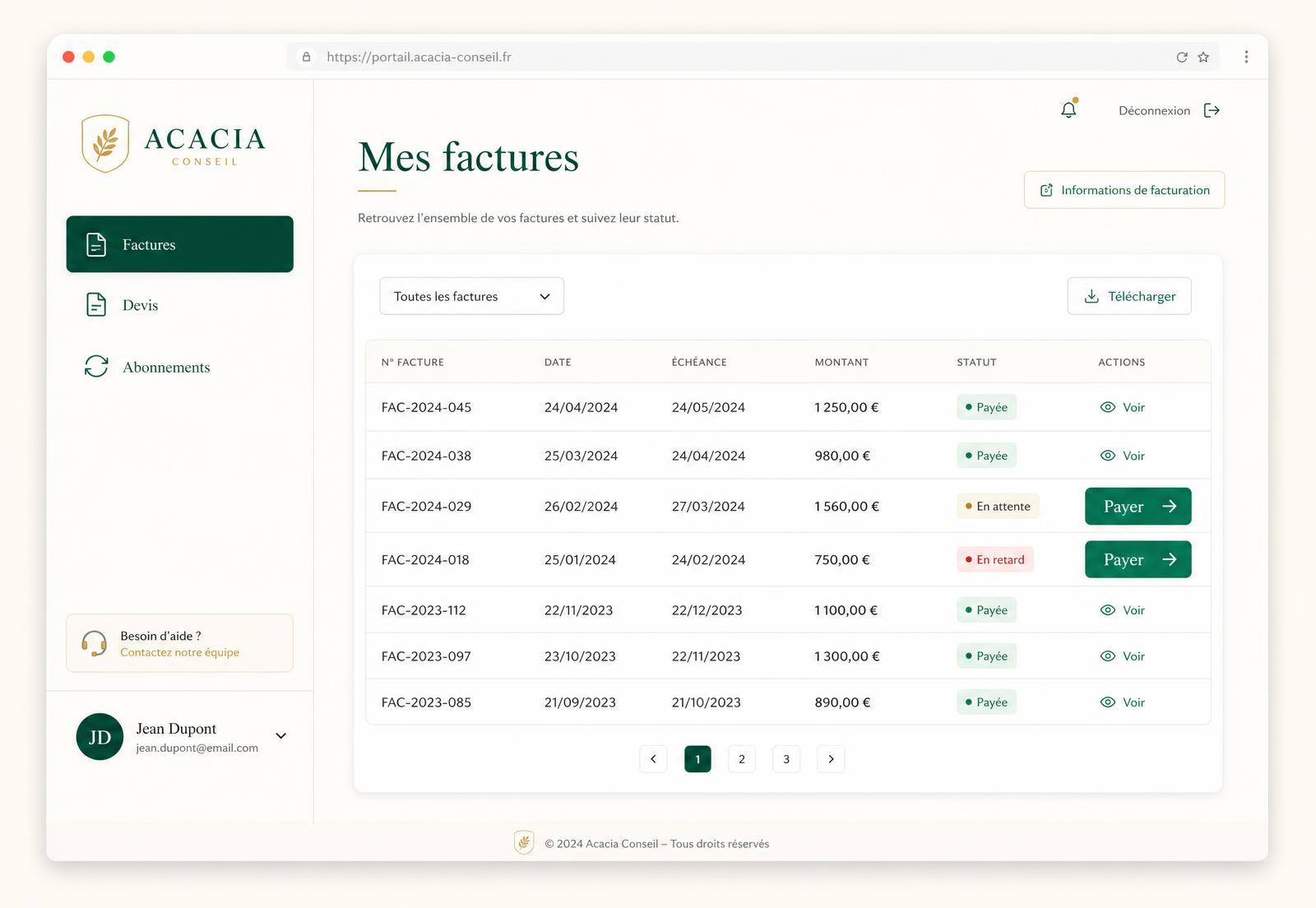 Aperçu du portail client Portal affichant la liste des factures Pennylane d'un client avec statuts et bouton de paiement